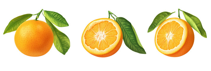 Obraz premium Fresh oranges with leaves, whole and sliced, showcasing vibrant color and texture, isolated on transparent background
