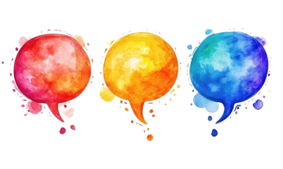Colorful watercolor speech bubbles in red, yellow, and blue for creative communication, isolated on transparent background