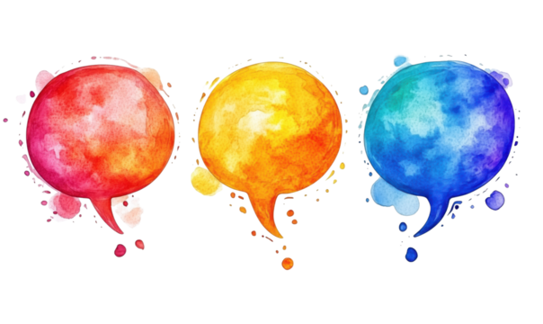 Colorful watercolor speech bubbles in red, yellow, and blue for creative communication, isolated on transparent background