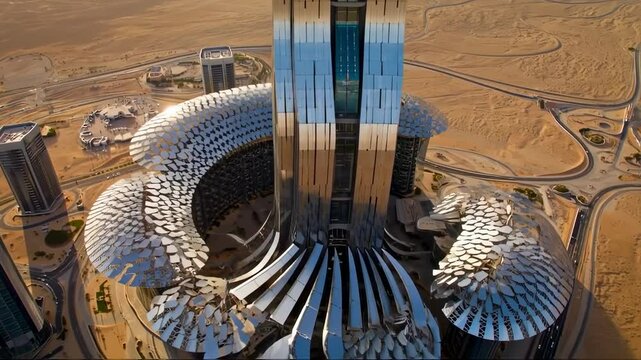 Futuristic Skyscraper Rising from Desert Landscape: Architectural Marvel in Abu Dhabi