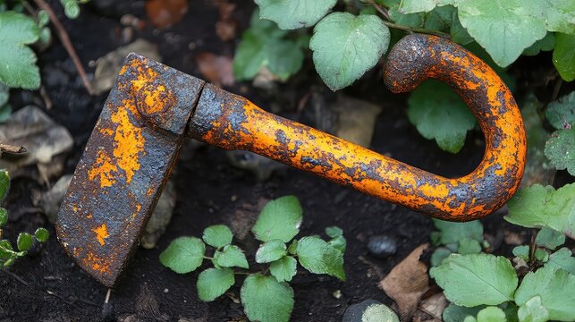 Vine circling garden tool with organic form rust contrast and natural reclaim ideal for garden decay or nature themes