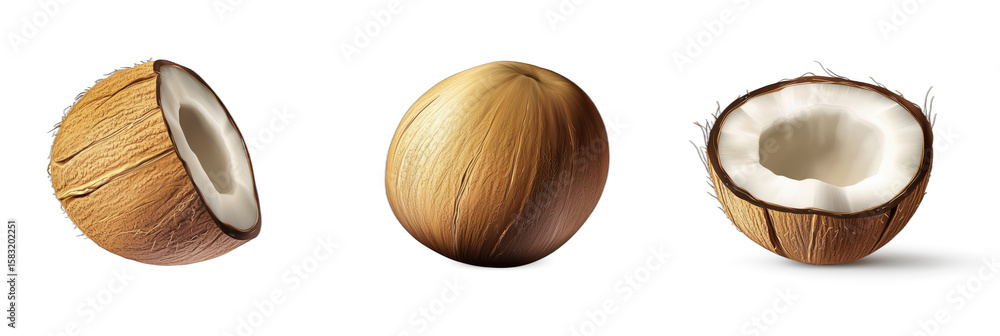Poster coconut and hazelnut varieties displayed in realistic illustration, isolated on transparent backgrou
