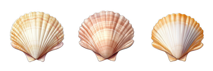 Realistic illustration of three beautiful scallop shells showcasing unique colors and textures, isolated on transparent background