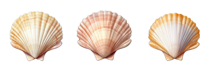 Realistic illustration of three beautiful scallop shells showcasing unique colors and textures, isolated on transparent background