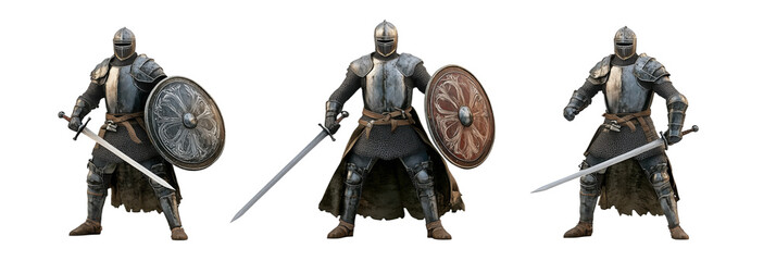Medieval knights in armor with swords and shields showcasing different designs and colors, isolated on transparent background