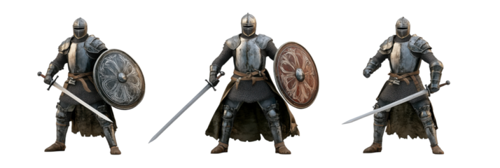 Medieval knights in armor with swords and shields showcasing different designs and colors, isolated on transparent background