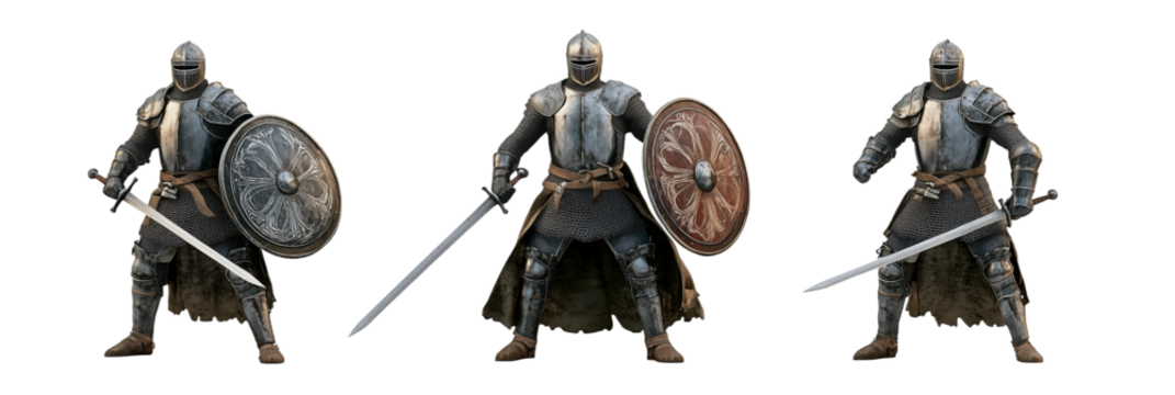 Medieval knights in armor with swords and shields showcasing different designs and colors, isolated on transparent background