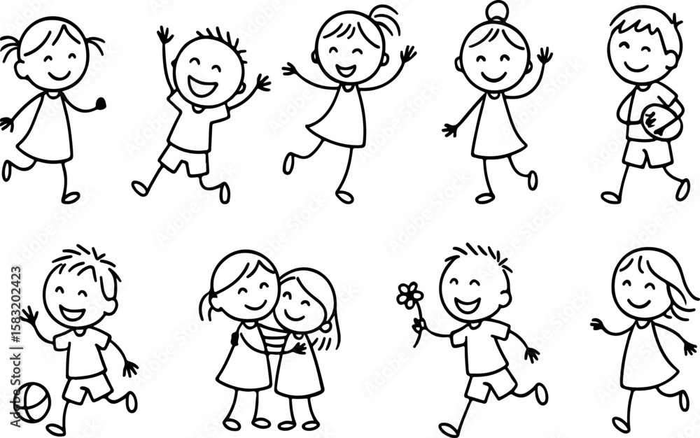 Poster collection of happy stick figure children playing and interacting with each other in various playful
