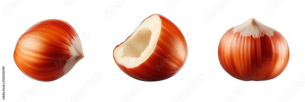 Poster realistic hazelnuts in various stages of shell and nut exposure, isolated on transparent background