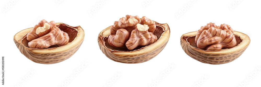 Poster intricate walnut halves showcasing detailed inner structure and texture, isolated on transparent bac
