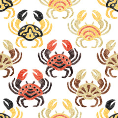 Cute seamless pattern with hand-drawn crabs. Made with wax crayons in bright colors. Playful marine background with childlike naive charm. Ideal for textiles and kids' products.
