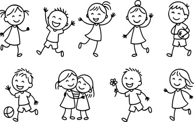 Collection of happy stick figure children playing and interacting with each other in various playful poses and activities on a white background