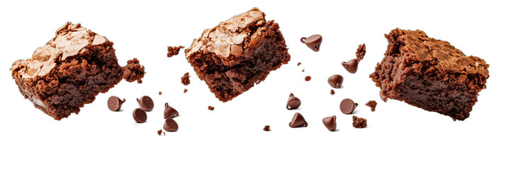 Delicious chocolate brownies with chocolate chips floating in mid-air, isolated on transparent background