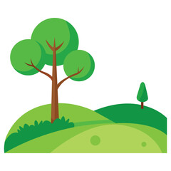 Cartoon Landscape with Trees and Green Hills in a Simple Flat Style