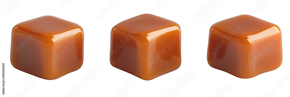 Poster glossy caramel cubes arranged in a row on white background, isolated on transparent background