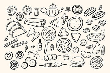 Indian cuisine doodle with flatbreads, dal, curry, tandoori, samosas, sweets masala tea, dessert. Banner with sketched traditional food and drink from India. Vector illustration on isolated background