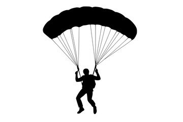 Parachutist Silhouette Descending Against a white background