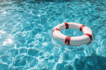 A white redstriped life preserver floats on the shimmering surface of a pool