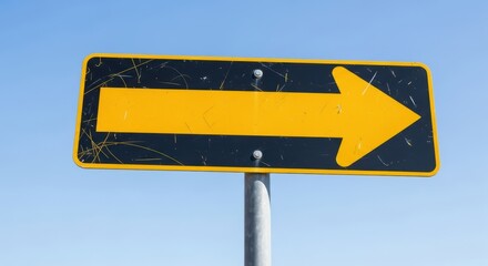 Photo of a yellow arrow sign points to the right against a clear blue sky