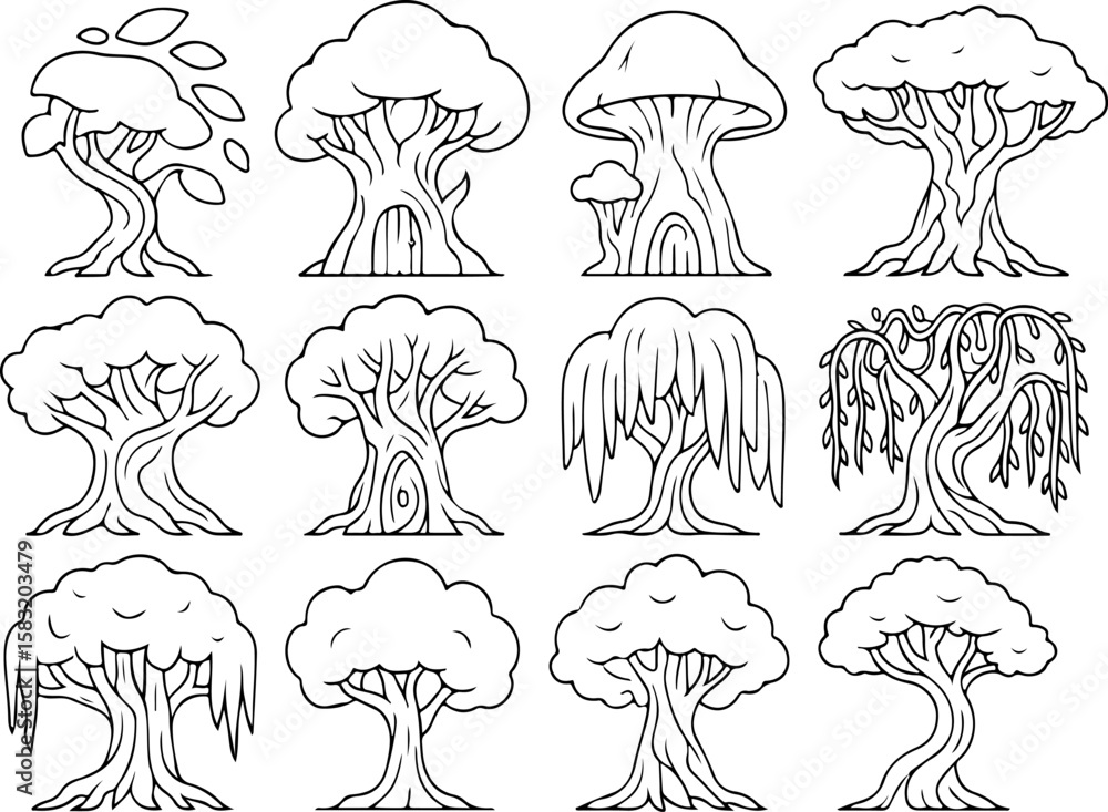 Poster collection of twelve whimsical stylized and unique cartoon trees with various shapes and features in