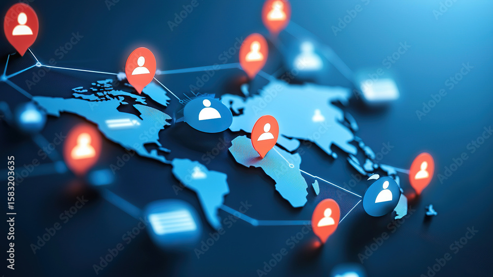 Poster digital world map with glowing connections and user icons representing multichannel marketing platfo