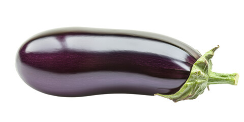 Fresh, glossy eggplant with vibrant purple skin and green stem, isolated on transparent background