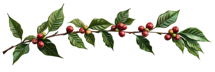 Coffee plant branch with ripe and unripe coffee cherries and lush green leaves, isolated on transparent background