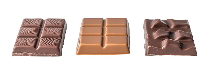 Assorted chocolate bars including dark, milk, and white chocolate varieties, isolated on transparent background