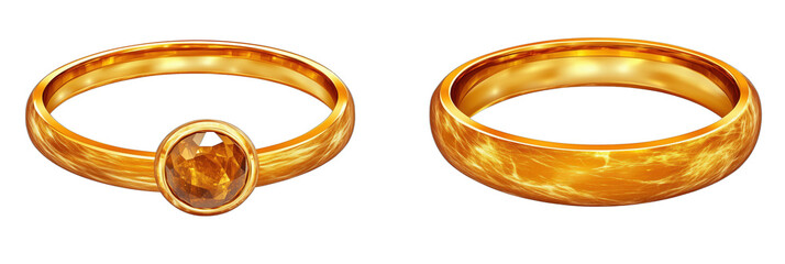 Elegant golden ring with citrine gemstone and smooth band design, isolated on transparent background