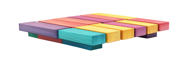 Colorful wooden blocks arranged in a playful pattern for creative building and design, isolated on transparent background