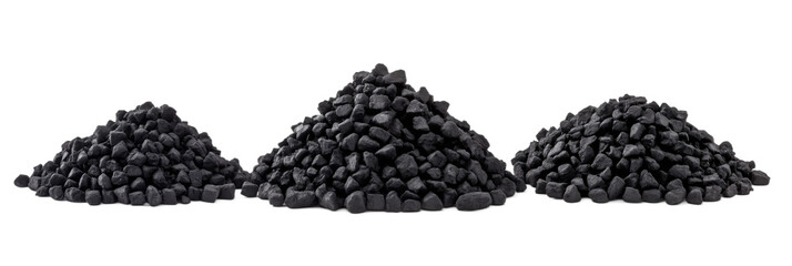 Piles of black coal granules arranged in three distinct mounds on white background, isolated on transparent background