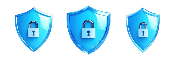 Blue security shields with padlocks representing digital protection and safety, isolated on transparent background