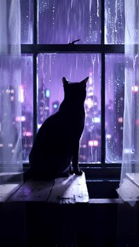 Black Cat Silhouette Gazing at Rainy Violet Cityscape at Night in an Anime Style