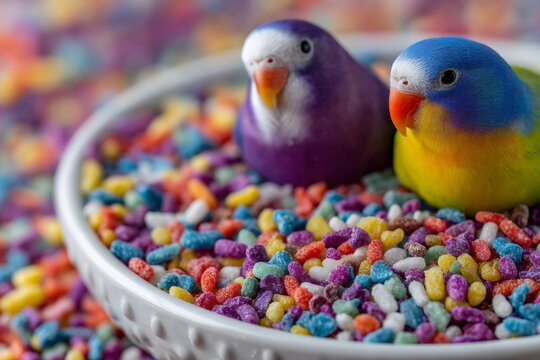 Colorful parakeets resting in a bowl of candy sprinkles during a playful indoor moment