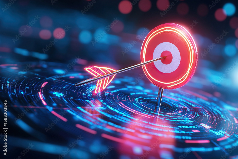 Aufkleber neon target with arrow striking center, surrounded by glowing digital patterns, symbolizes precision