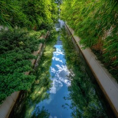 A narrow water canal bordered by dense green foliage reflects a bright blue sky with fluffy white clouds.