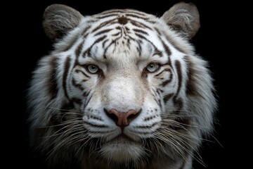 Obraz premium Closeup of a white tigers face against a black background Striking blue eyes and detailed fur texture