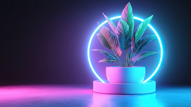 Vibrant indoor plant with large green leaves is displayed in modern white pot, illuminated by glowing neon blue and pink circular light. scene creates futuristic and artistic ambiance