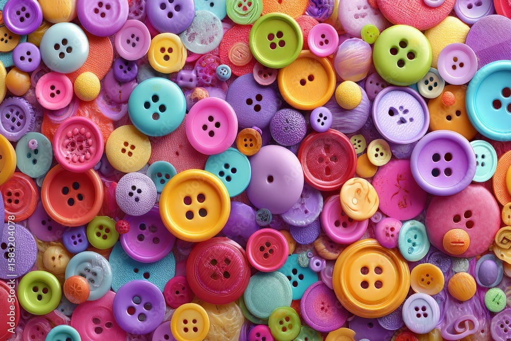 Poster colorful assortment of buttons arranged on a vibrant background, showcasing various sizes and shapes