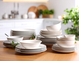 Stacked white dinnerware on a light wooden table in a modern kitchen