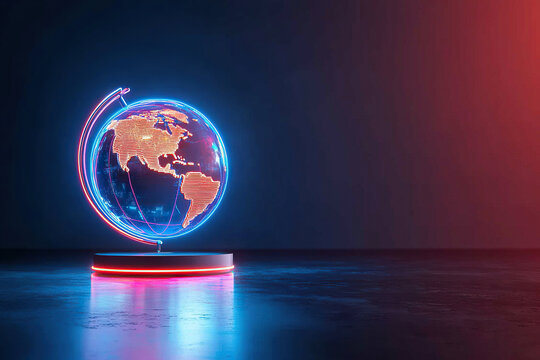 Glowing globe with neon holographic elements showcases vibrant representation of Earth, highlighting continents and oceans in bright colors. modern design creates captivating visual effect