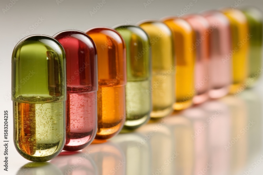 Poster capsules arranged in a colorful line showcasing various shapes, sizes, and colors in a light setting
