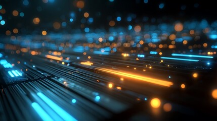 Abstract digital circuit board with glowing blue and orange light trails