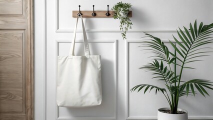A white tote bag hangs from a wooden rack on a white paneled wall, with a potted fern and palm plant nearby.