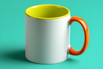 Colorful ceramic mug with a vibrant handle and interior placed on a bright turquoise surface