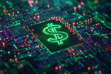 Close-up view of a glowing dollar sign on a circuit board.