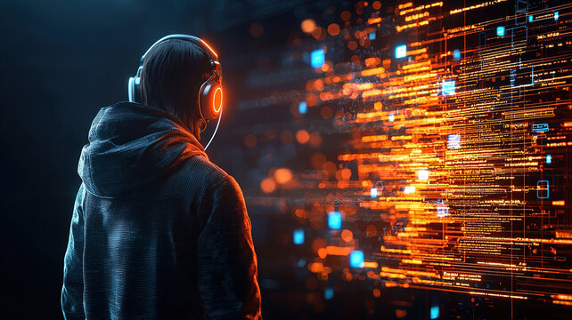 Person wearing headphones stands front of vibrant digital display, showcasing glowing data streams and patterns. scene captures essence of technology and modern communication, evoking sense