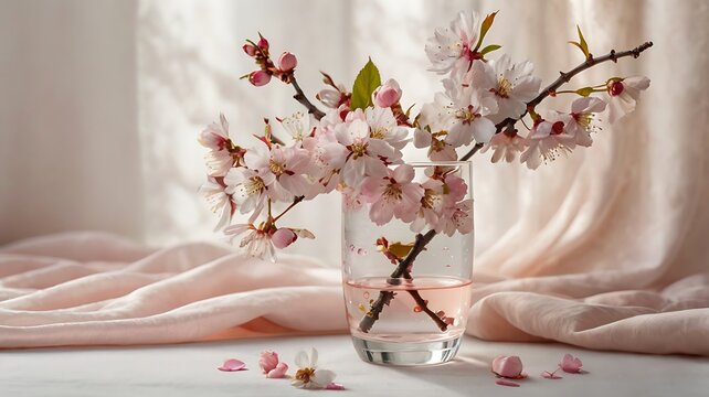 Cherry Blossoms in a Glass Vase on a Soft Fabric Background, Indoor Natural Beauty