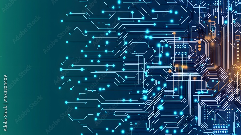 Poster complex circuit board design with glowing pathways.