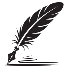Obraz premium Elegant black silhouette of a quill pen writing a flowing ink line on a clean white background